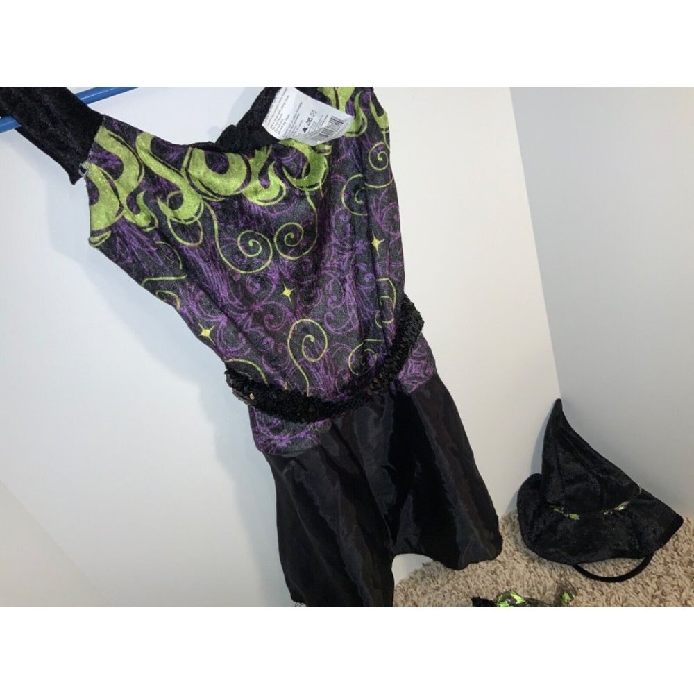 Witches Halloween Dress-Girls Med 8/10-Black/Green/Purple-Dress Up Fantasy Play - Picture 2 of 5